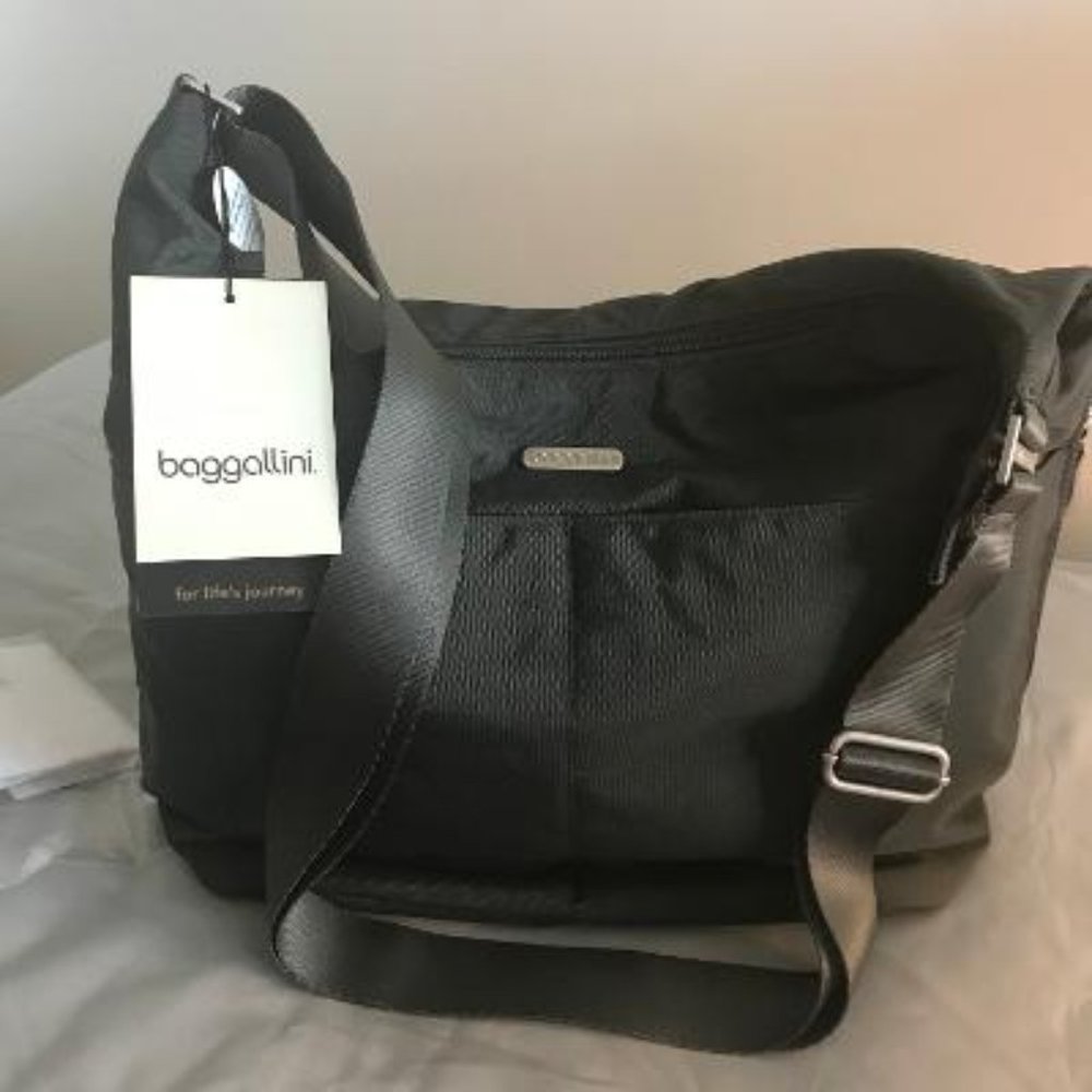 Baggallini Hobo Purse: charcoal with pink lining